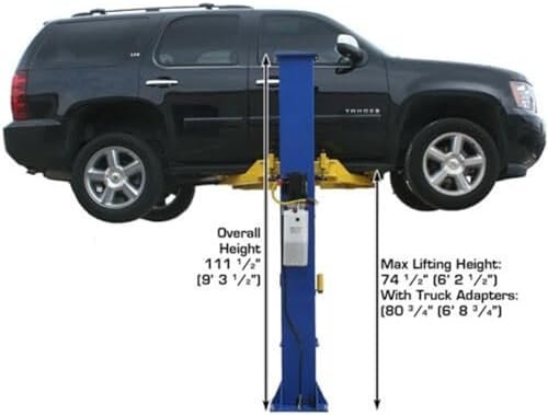 ATLAS Automotive Equipment 9KBPX 2-Post Lift/Hoist, Baseplate Style, 9’6″ Minimum Ceiling Height, 9,000lb Capacity, Symmetric Arms, Dual Hydraulic Chain Drive Cylinders, for Low Ceiling Home Use