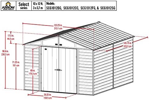 Arrow Select 10′ x 12′ Outdoor Lockable Steel Storage Shed Building, Charcoal