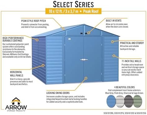 Arrow Select 10′ x 12′ Outdoor Lockable Steel Storage Shed Building, Charcoal