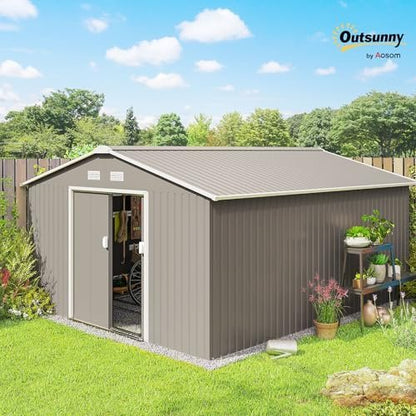 Outsunny 11′ x 13′ Outdoor Storage Shed, Garden Tool Metal Shed with Foundation Kit, Double Lockable Door, Air Vents and Sloping Roof, for Backyard, Patio, Lawn, Light Gray