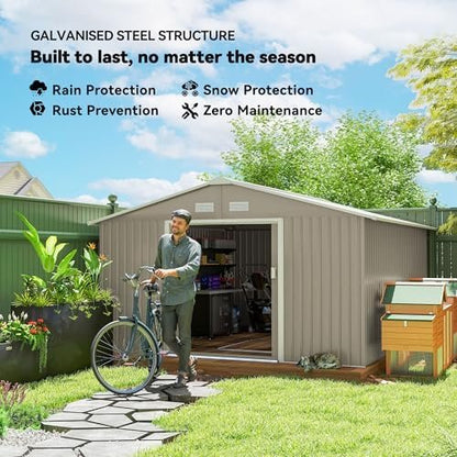 Outsunny 11′ x 13′ Outdoor Storage Shed, Garden Tool Metal Shed with Foundation Kit, Double Lockable Door, Air Vents and Sloping Roof, for Backyard, Patio, Lawn, Light Gray