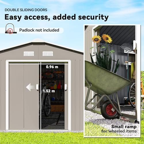 Outsunny 11′ x 13′ Outdoor Storage Shed, Garden Tool Metal Shed with Foundation Kit, Double Lockable Door, Air Vents and Sloping Roof, for Backyard, Patio, Lawn, Light Gray