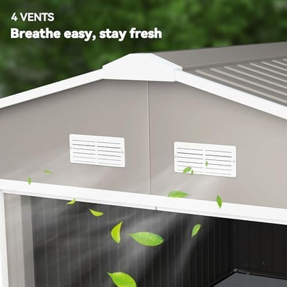 Outsunny 11′ x 13′ Outdoor Storage Shed, Garden Tool Metal Shed with Foundation Kit, Double Lockable Door, Air Vents and Sloping Roof, for Backyard, Patio, Lawn, Light Gray