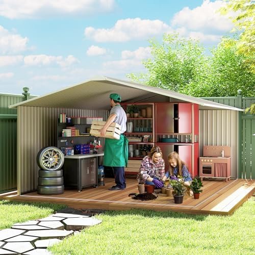 Outsunny 11′ x 13′ Outdoor Storage Shed, Garden Tool Metal Shed with Foundation Kit, Double Lockable Door, Air Vents and Sloping Roof, for Backyard, Patio, Lawn, Light Gray