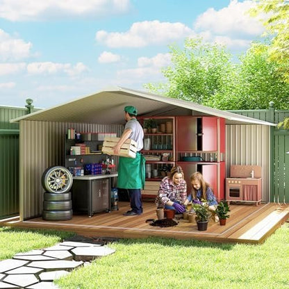 Outsunny 11′ x 13′ Outdoor Storage Shed, Garden Tool Metal Shed with Foundation Kit, Double Lockable Door, Air Vents and Sloping Roof, for Backyard, Patio, Lawn, Light Gray