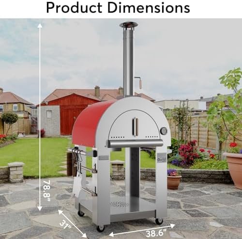 Empava Pizza Oven with Open Shelf and Wheels for Outdoor Kitchen, Wood Fire for Grill & Camping Backyard Party in Stainless Steel, 38.6 Inch, Italian Red