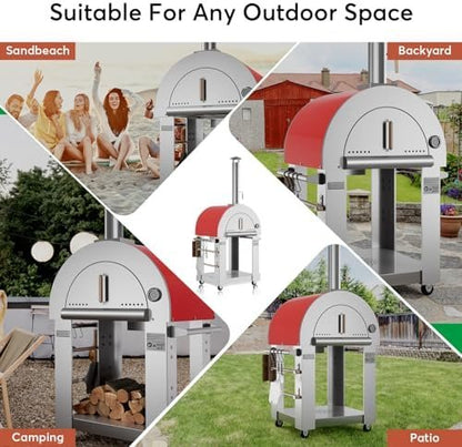 Empava Pizza Oven with Open Shelf and Wheels for Outdoor Kitchen, Wood Fire for Grill & Camping Backyard Party in Stainless Steel, 38.6 Inch, Italian Red