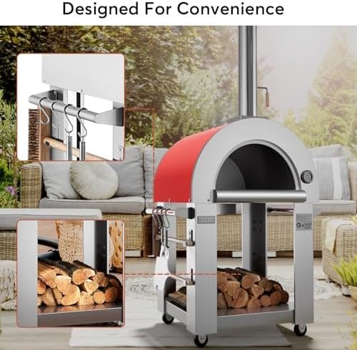 Empava Pizza Oven with Open Shelf and Wheels for Outdoor Kitchen, Wood Fire for Grill & Camping Backyard Party in Stainless Steel, 38.6 Inch, Italian Red