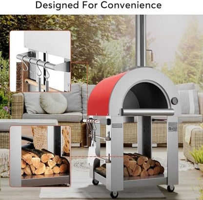 Empava Pizza Oven with Open Shelf and Wheels for Outdoor Kitchen, Wood Fire for Grill & Camping Backyard Party in Stainless Steel, 38.6 Inch, Italian Red