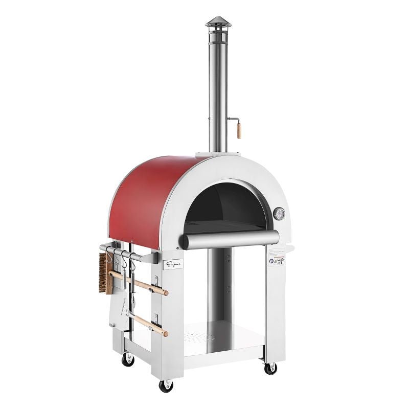 Empava PG06 Outdoor Wood Fired Pizza Oven Stainless Steel Red with Wheels and Accessories