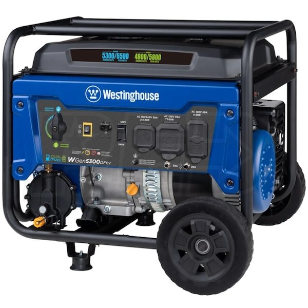 Westinghouse WGen5300DFcv – 5300 Watt Dual-Fuel Portable Generator w/ RV Outlet & CO Sensor (49-State)