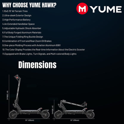 M YUME SCOOTER Hawk Dual Motor Electric Scooters for Adults 2400W 43MPH 43Miles Long Rang E-Scooter